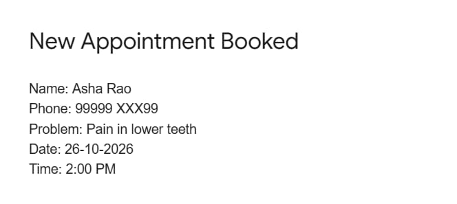 An email titled New Appointment Booked: name Asha Rao, phone 99999 XXX99 (masked), problem pain in lower teeth, date 26-10-2026, time 2:00 PM. Sample data.