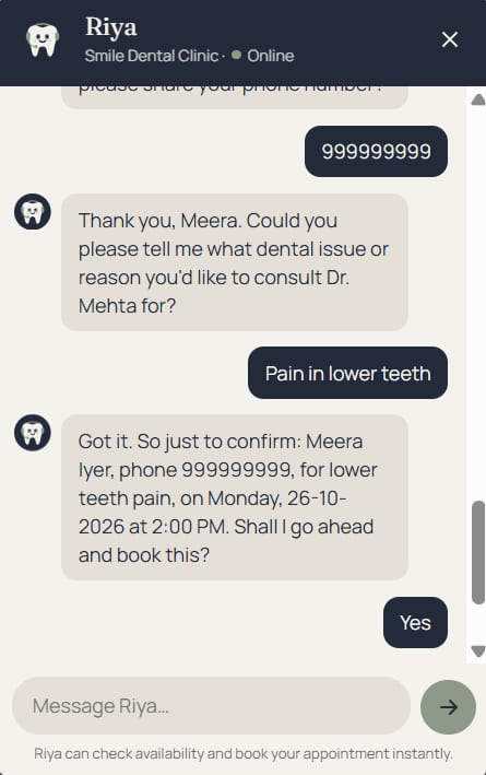 Riya confirming a booking: name, phone, the problem and Monday 26-10-2026 at 2:00 PM, then asking to book it. Sample data.